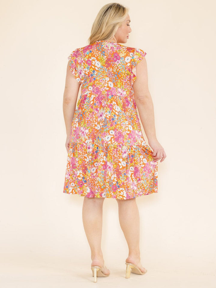 PLUS SIZE RUFFLE SLEEVE FLORAL PRINT TUNIC HIGH-LOW FRONT POCKETS MINI DRESS