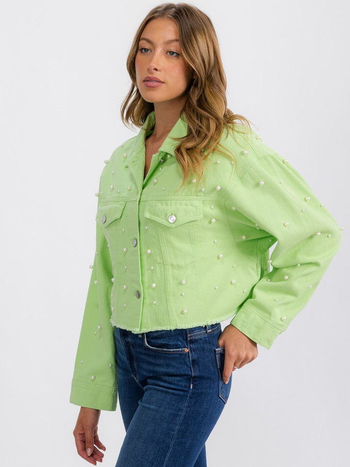 WOMEN'S LONG SLEEVE BUTTON CLOSURE PEARL DETAILED DENIM JACKET