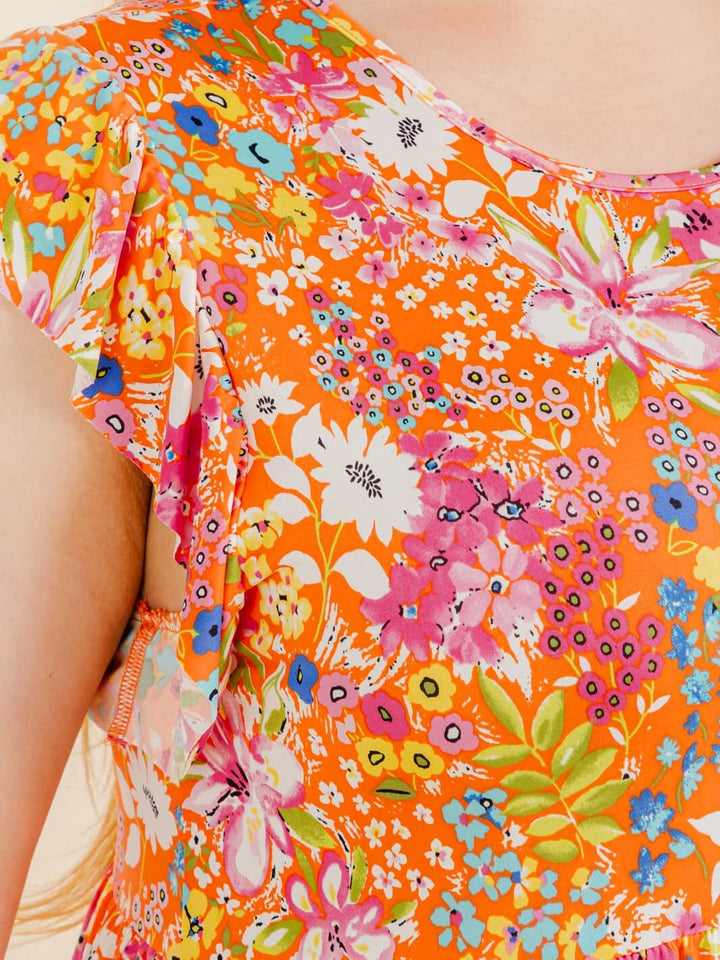 PLUS SIZE RUFFLE SLEEVE FLORAL PRINT TUNIC HIGH-LOW FRONT POCKETS MINI DRESS