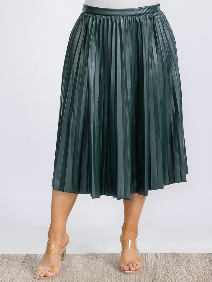 PLUS SIZE ZIP UP PU PLEATHER PLEATED MIDI SKIRT