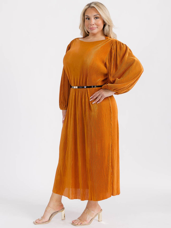PLUS SIZE LONG PUFF SLEEVES BELTED RIBBED MAXI DRESS