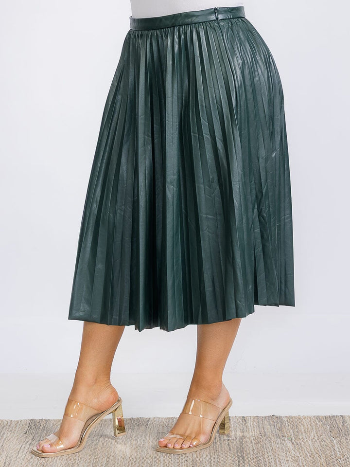PLUS SIZE ZIP UP PU PLEATHER PLEATED MIDI SKIRT