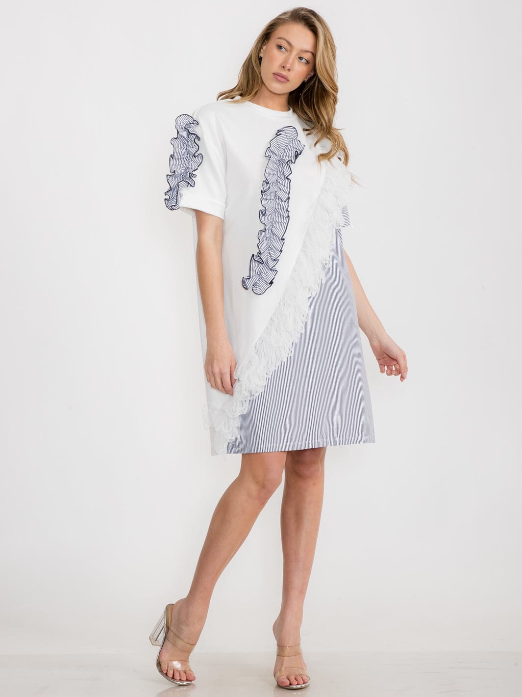WOMEN'S SHORT SLEEVE RUFFLE COLORBLOCK TUNIC MINI DRESS