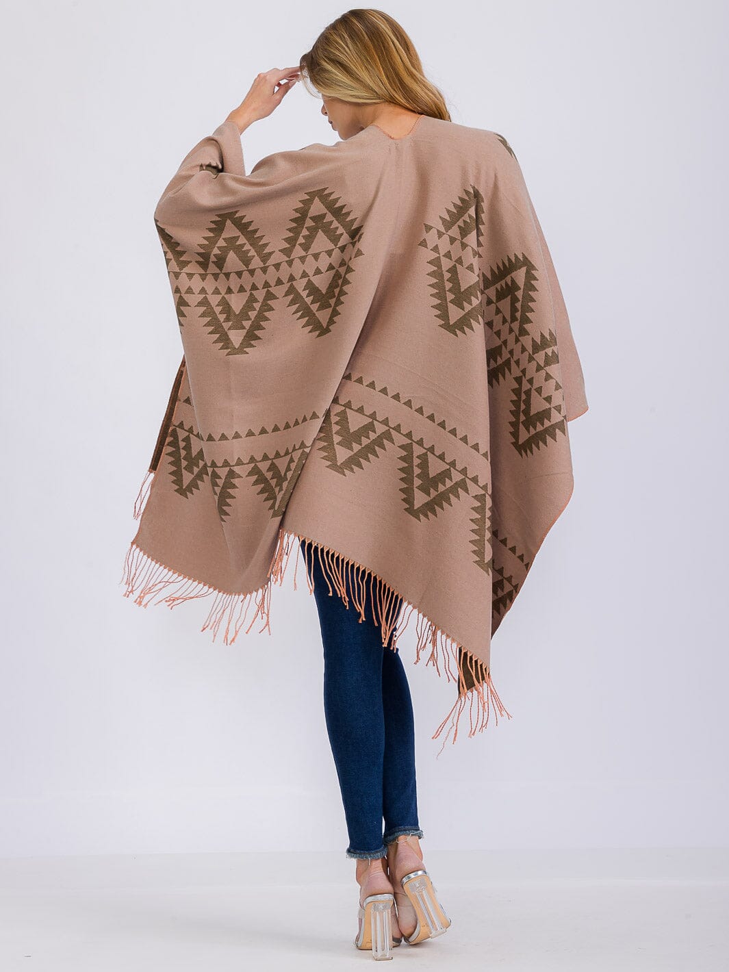 WOMEN'S LONG SLEEVE OPEN FRONT PRINTED PONCHO