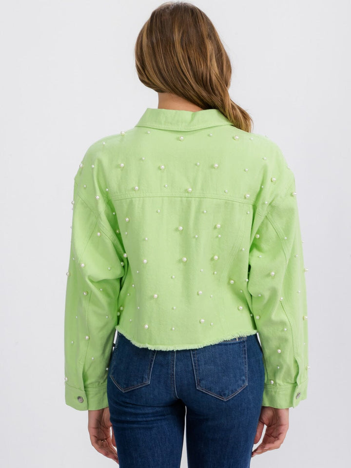 WOMEN'S LONG SLEEVE BUTTON CLOSURE PEARL DETAILED DENIM JACKET