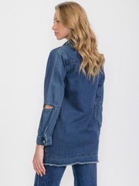 WOMEN'S LONG CUT OUT SLEEVE BUTTON UP FRONT POCKETS DENIM JACKET