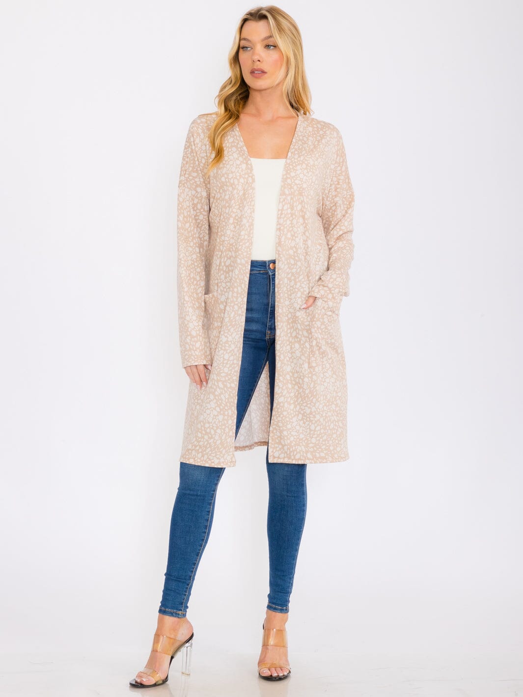 WOMEN'S LONG SLEEVES OPEN FRONT POCKETS ANIMAL PRINT CARDIGAN