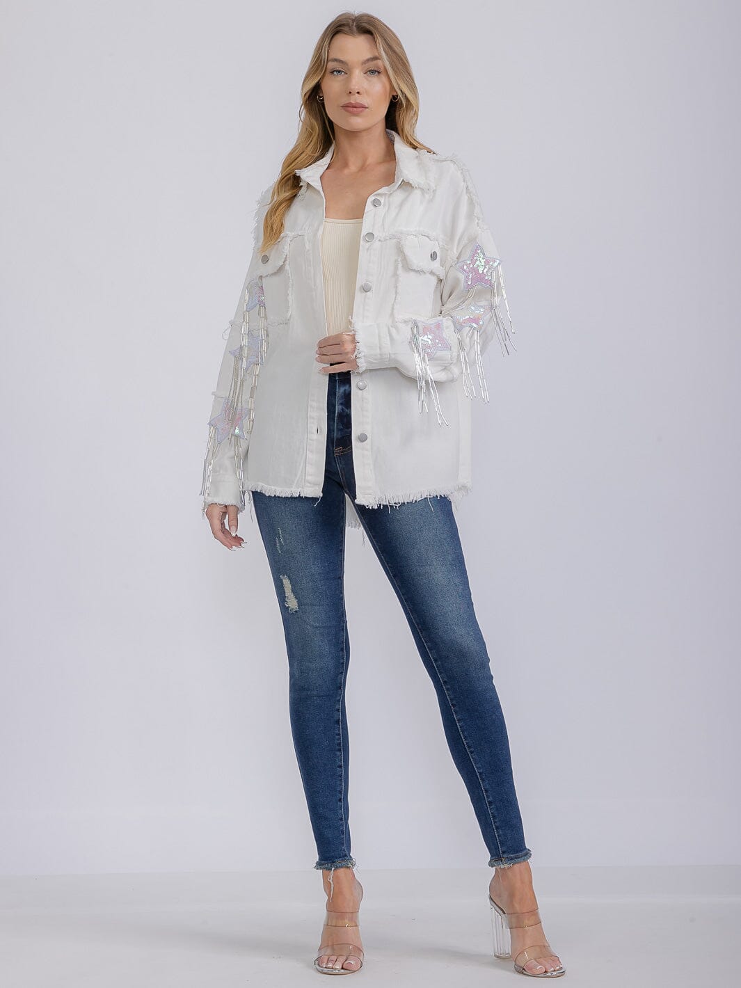 WOMEN'S LONG SLEEVE BUTTON UP SEQUINS FRINGE DENIM SHACKET