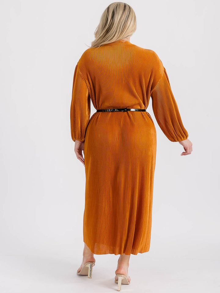 PLUS SIZE LONG PUFF SLEEVES BELTED RIBBED MAXI DRESS