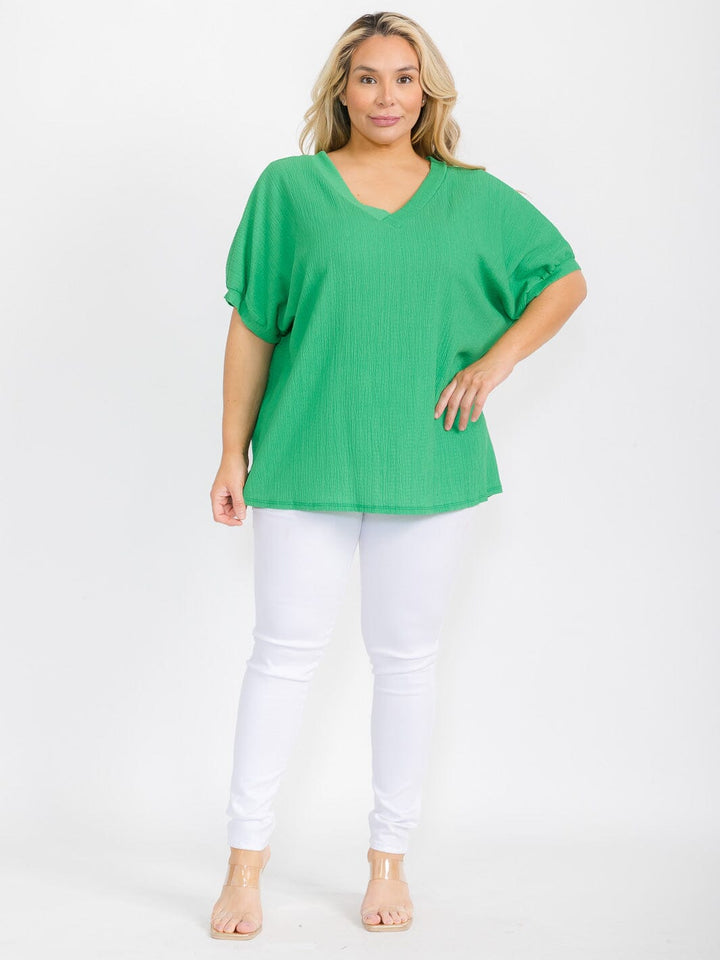 PLUS SIZE SHORT SLEEVE V-NECK TUNIC BLOUSE
