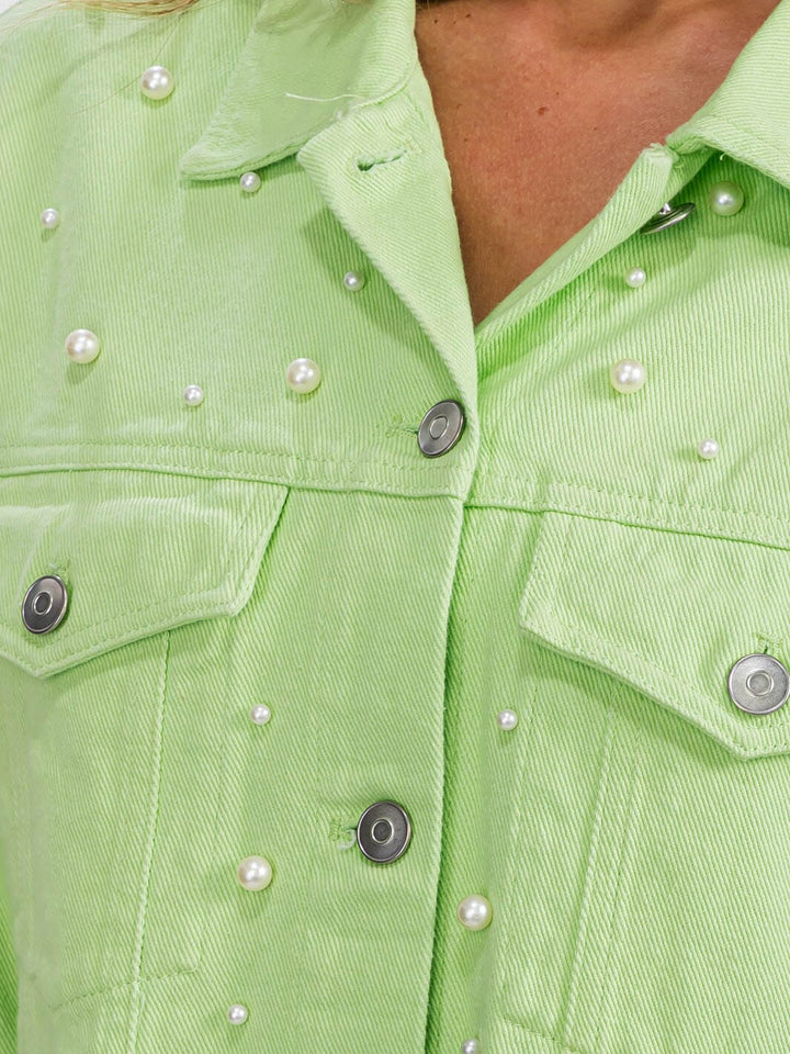 WOMEN'S LONG SLEEVE BUTTON CLOSURE PEARL DETAILED DENIM JACKET