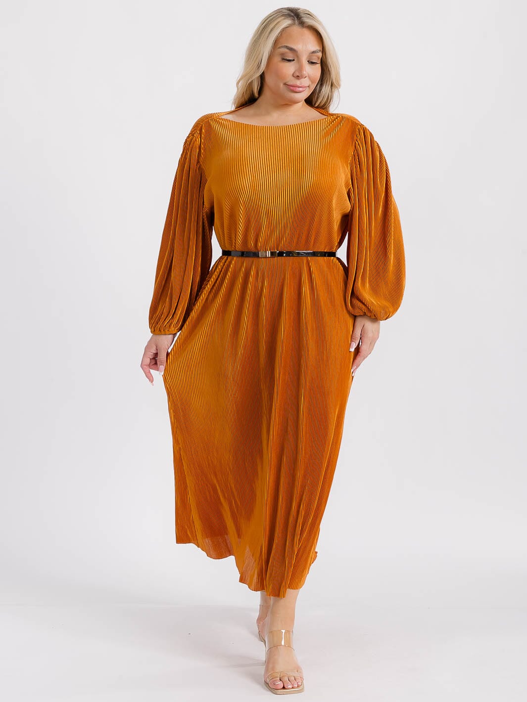 PLUS SIZE LONG PUFF SLEEVES BELTED RIBBED MAXI DRESS