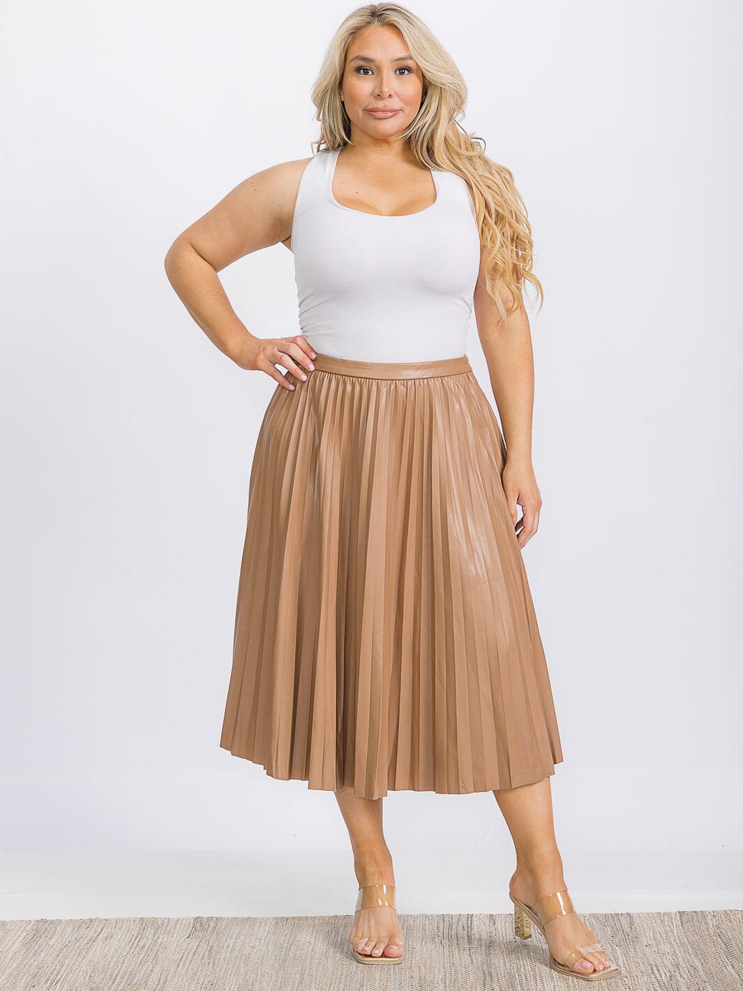 PLUS SIZE ZIP UP PU PLEATHER PLEATED MIDI SKIRT