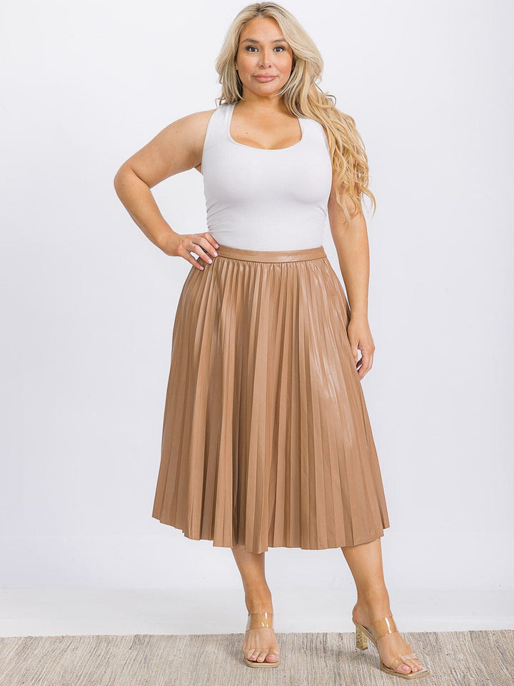 PLUS SIZE ZIP UP PU PLEATHER PLEATED MIDI SKIRT