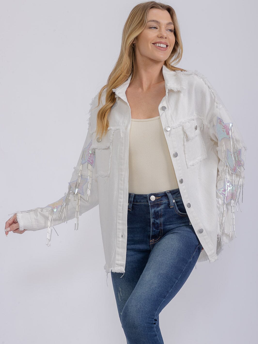 WOMEN'S LONG SLEEVE BUTTON UP SEQUINS FRINGE DENIM SHACKET