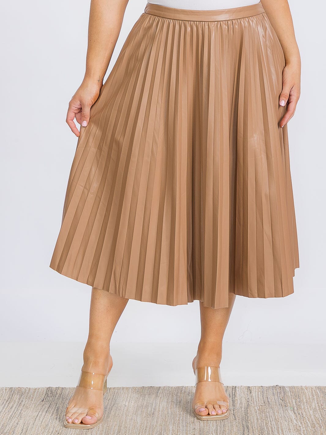 PLUS SIZE ZIP UP PU PLEATHER PLEATED MIDI SKIRT