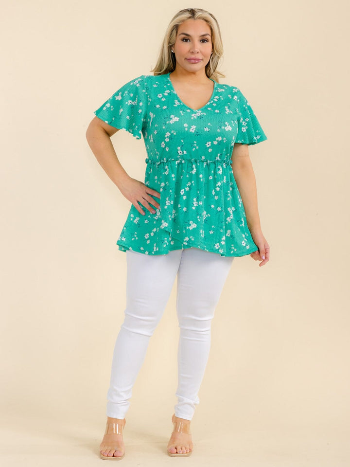 PLUS SIZE SHORT SLEEVE TIERED ELASTIC WAIST FLORAL PRINT TUNIC BLOUSE