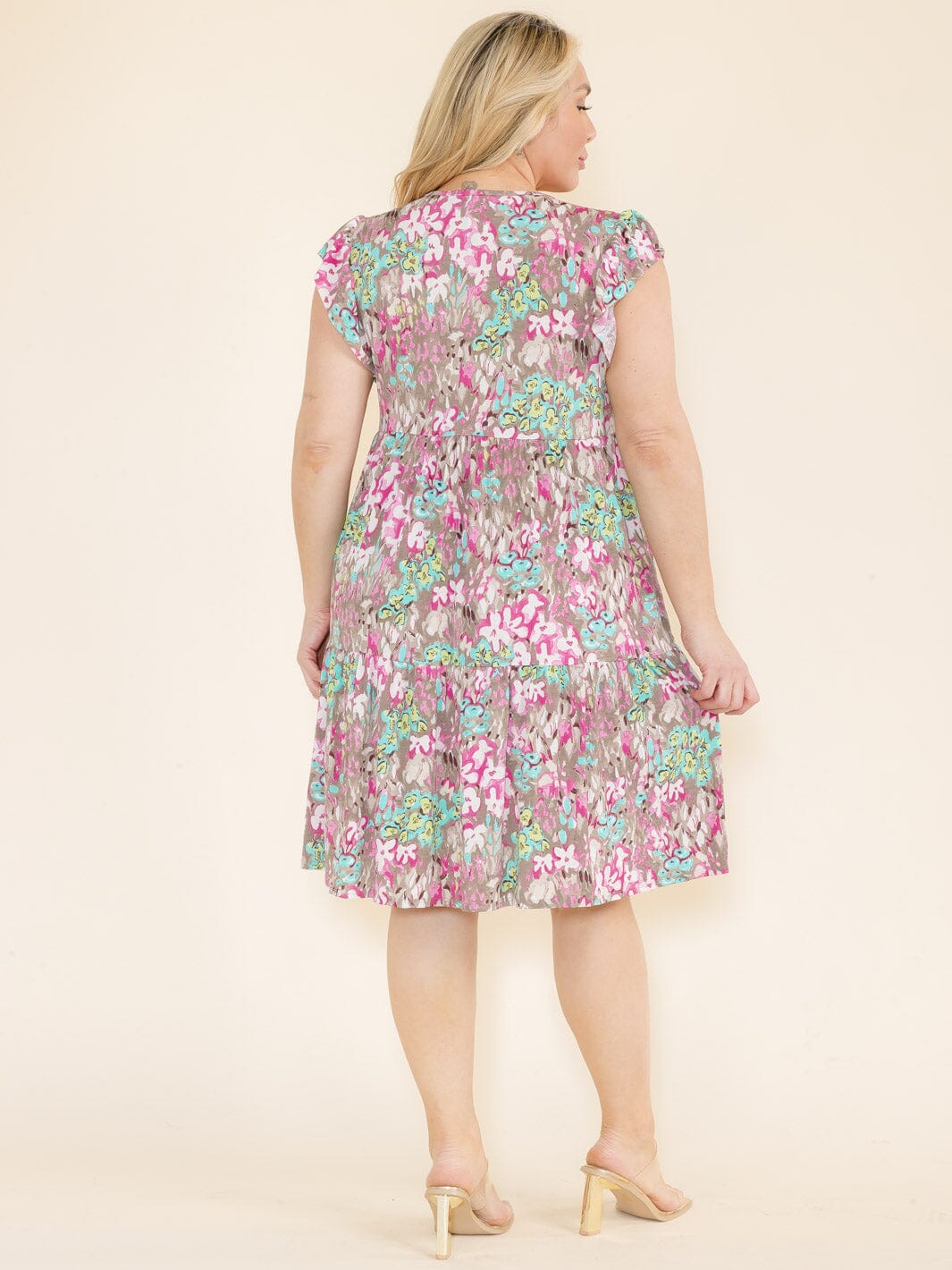 PLUS SIZE RUFFLE SLEEVE FLORAL PRINT TUNIC HIGH-LOW FRONT POCKETS MINI DRESS