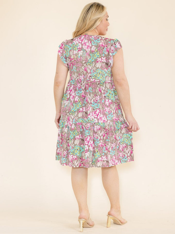 PLUS SIZE RUFFLE SLEEVE FLORAL PRINT TUNIC HIGH-LOW FRONT POCKETS MINI DRESS