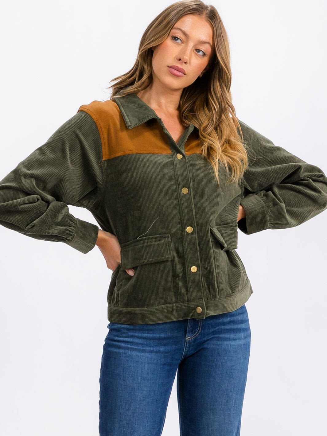 WOMEN'S LONG SLEEVE BUTTON CLOSURE CORDUROY COLORBLOCK JACKET