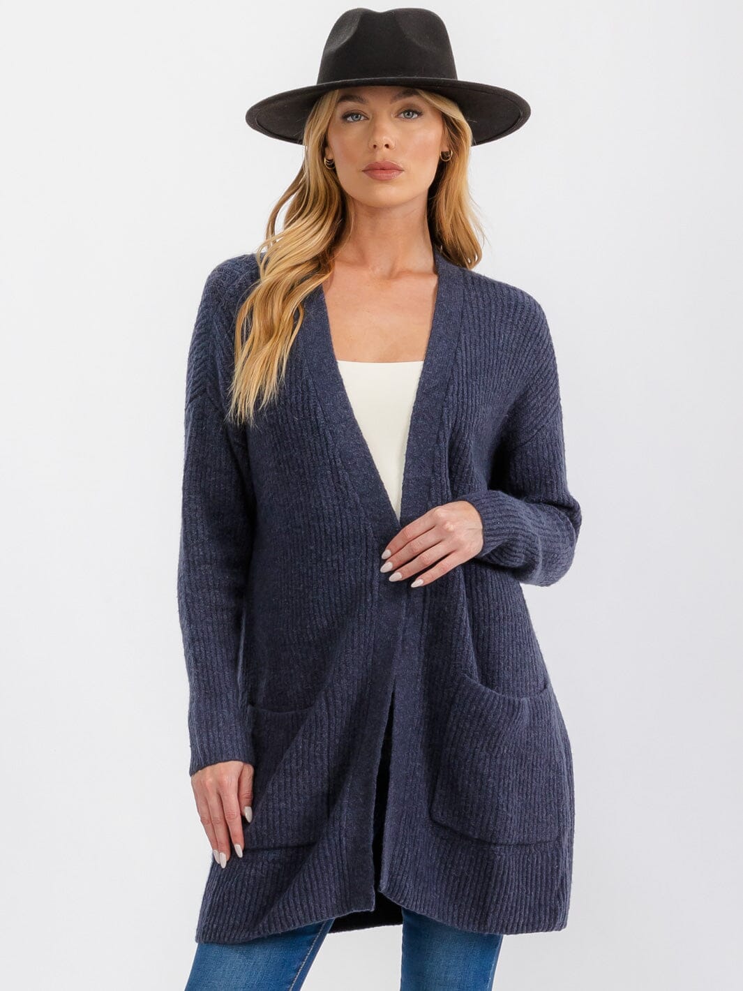 WOMEN'S LONG SLEEVE OPEN FRONT POCKETS CARDIGAN