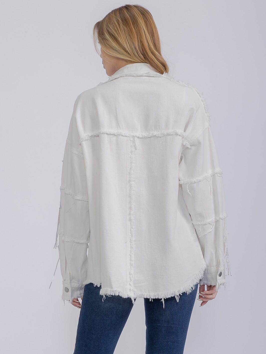 WOMEN'S LONG SLEEVE BUTTON UP SEQUINS FRINGE DENIM SHACKET