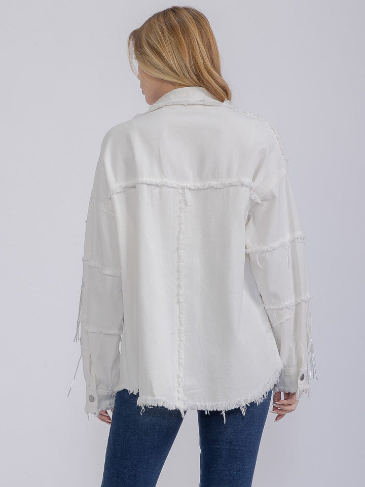 WOMEN'S LONG SLEEVE BUTTON UP SEQUINS FRINGE DENIM SHACKET