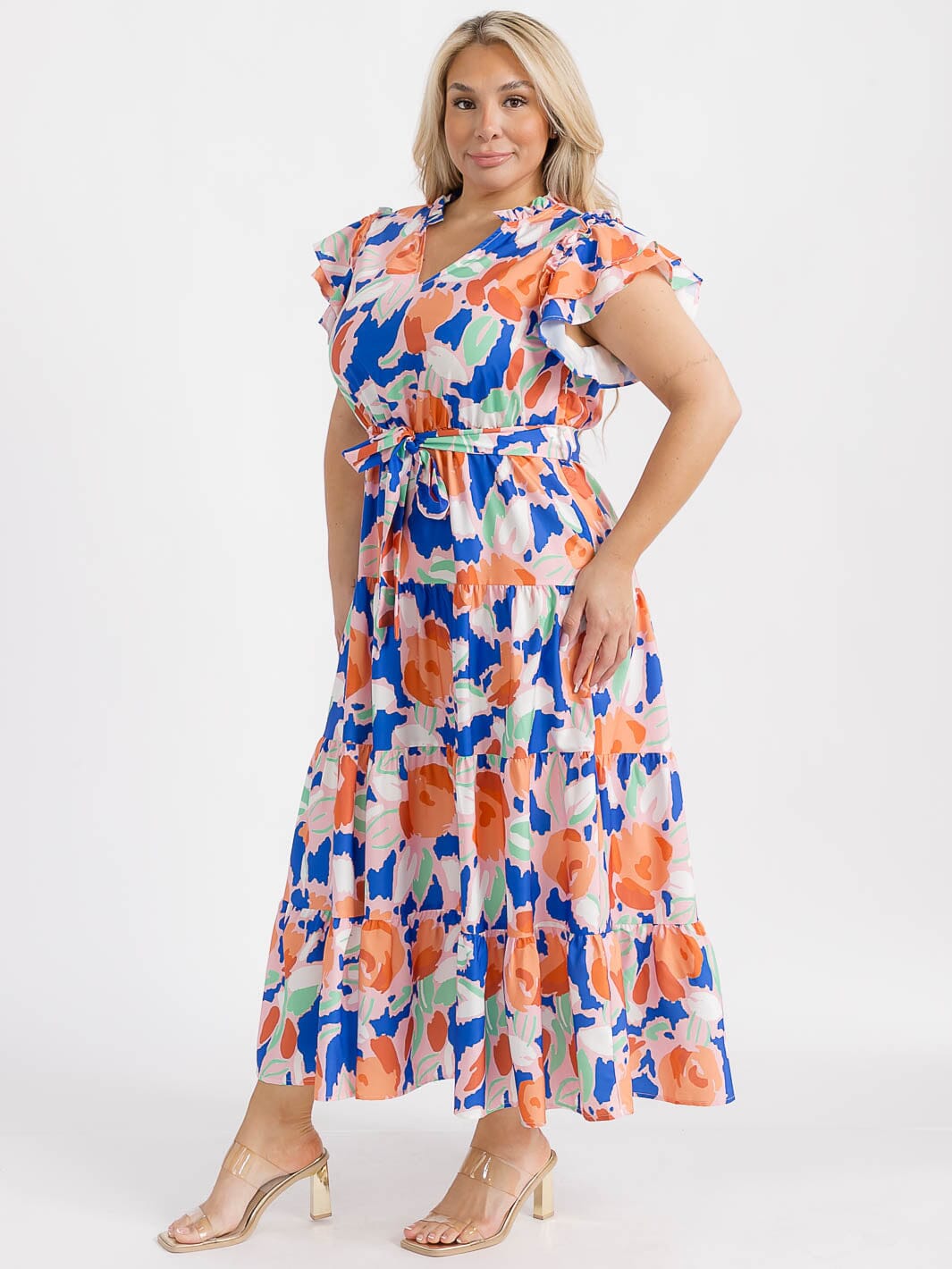 PLUS SIZE SHORT RUFFLE SLEEVE V-NECK TIERED ELASTIC WAIST FLORAL MAXI DRESS