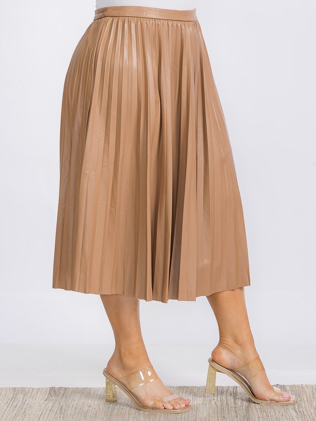 PLUS SIZE ZIP UP PU PLEATHER PLEATED MIDI SKIRT