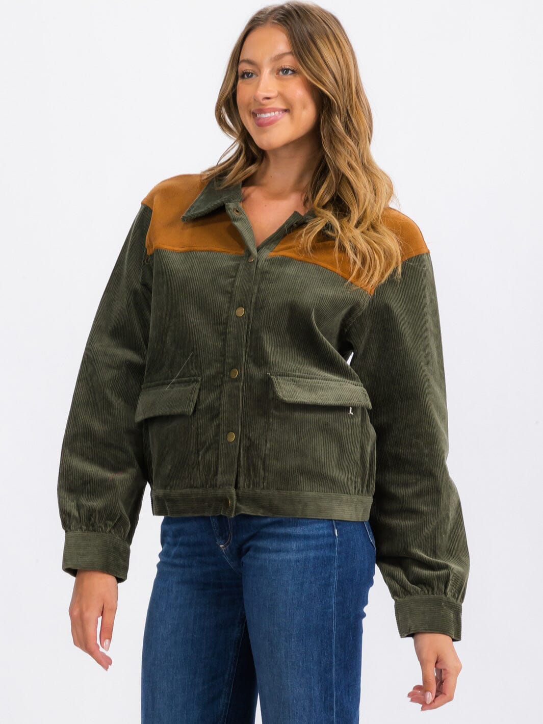 WOMEN'S LONG SLEEVE BUTTON CLOSURE CORDUROY COLORBLOCK JACKET