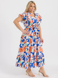 PLUS SIZE SHORT RUFFLE SLEEVE V-NECK TIERED ELASTIC WAIST FLORAL MAXI DRESS