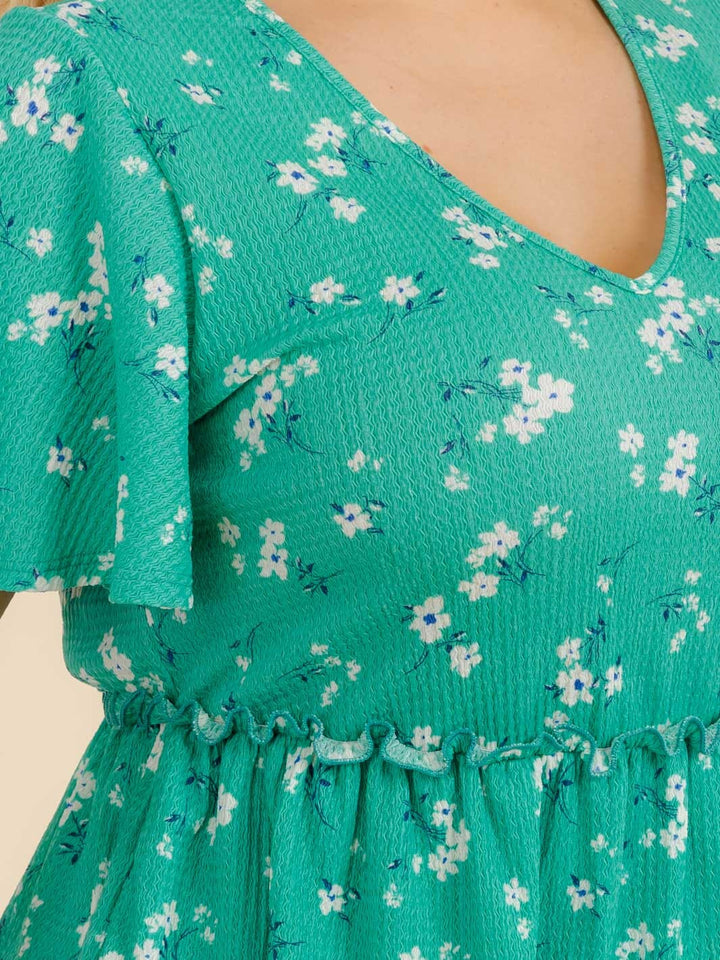 PLUS SIZE SHORT SLEEVE TIERED ELASTIC WAIST FLORAL PRINT TUNIC BLOUSE