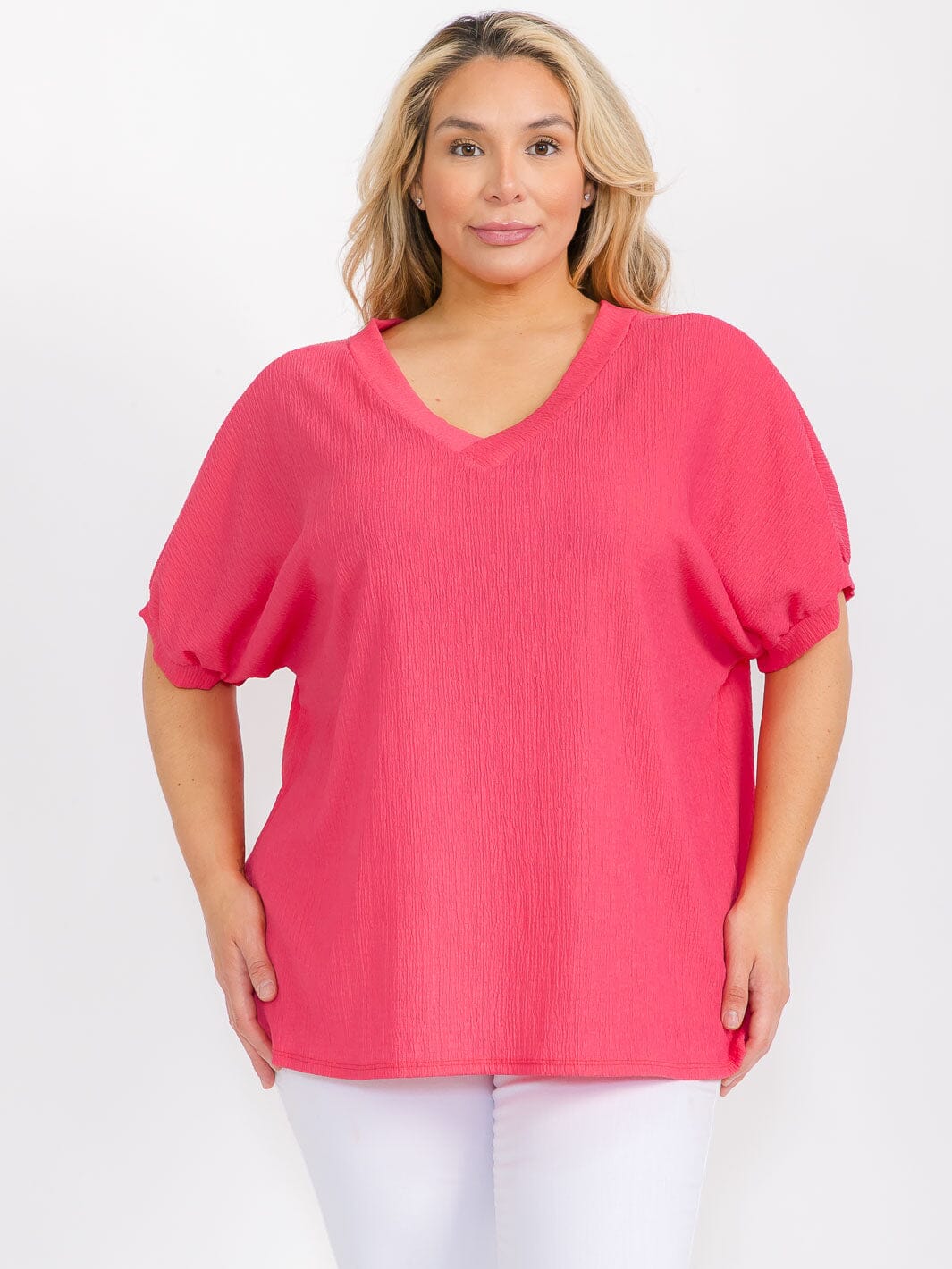 PLUS SIZE SHORT SLEEVE V-NECK TUNIC BLOUSE