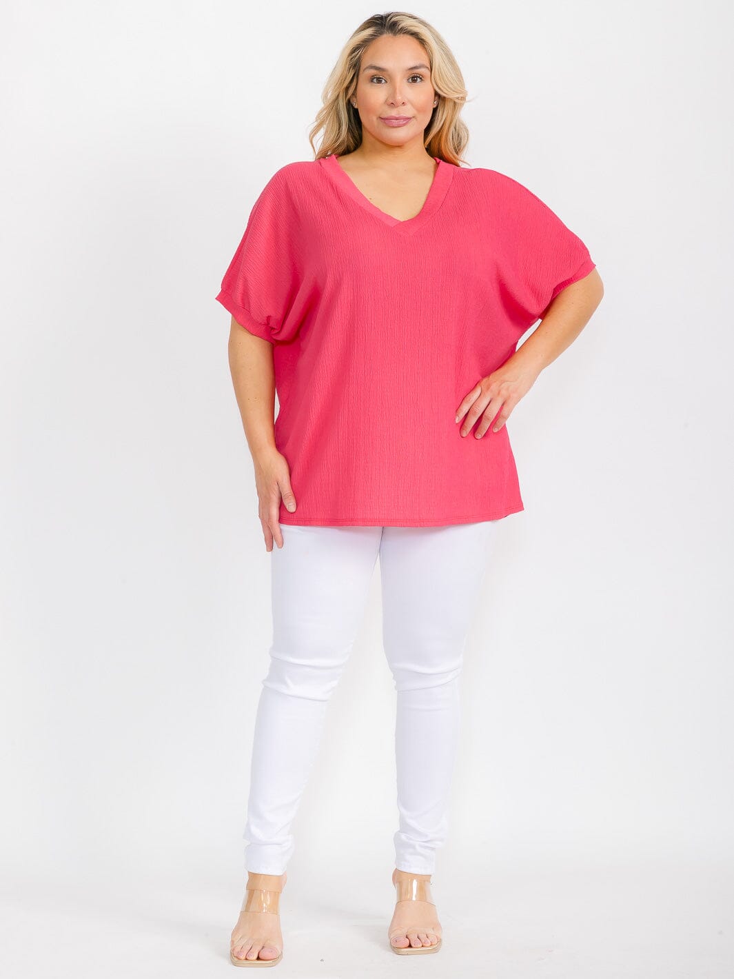 PLUS SIZE SHORT SLEEVE V-NECK TUNIC BLOUSE