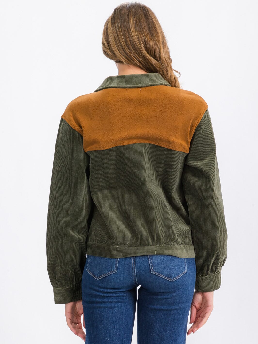 WOMEN'S LONG SLEEVE BUTTON CLOSURE CORDUROY COLORBLOCK JACKET