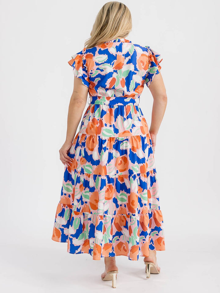 PLUS SIZE SHORT RUFFLE SLEEVE V-NECK TIERED ELASTIC WAIST FLORAL MAXI DRESS