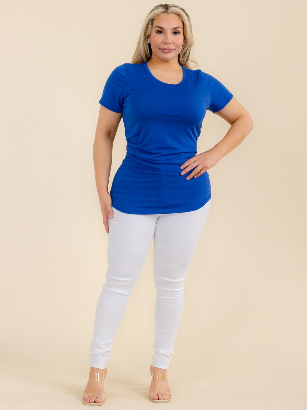 PLUS SIZE SHORT SLEEVE SIDE RUCHED SOLID BLOUSE