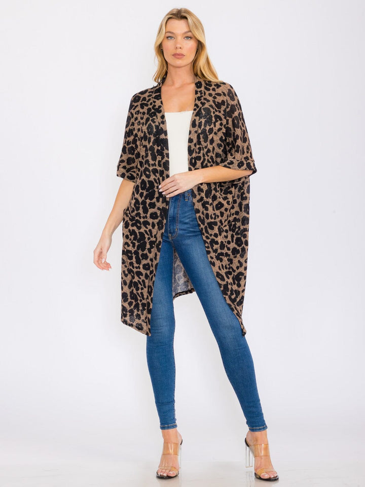 WOMEN'S SHORT SLEEVES OPEN FRONT POCKETS ANIMAL PRINT CARDIGAN