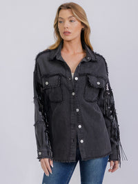 WOMEN'S LONG SLEEVE BUTTON UP SEQUINS FRINGE DENIM SHACKET