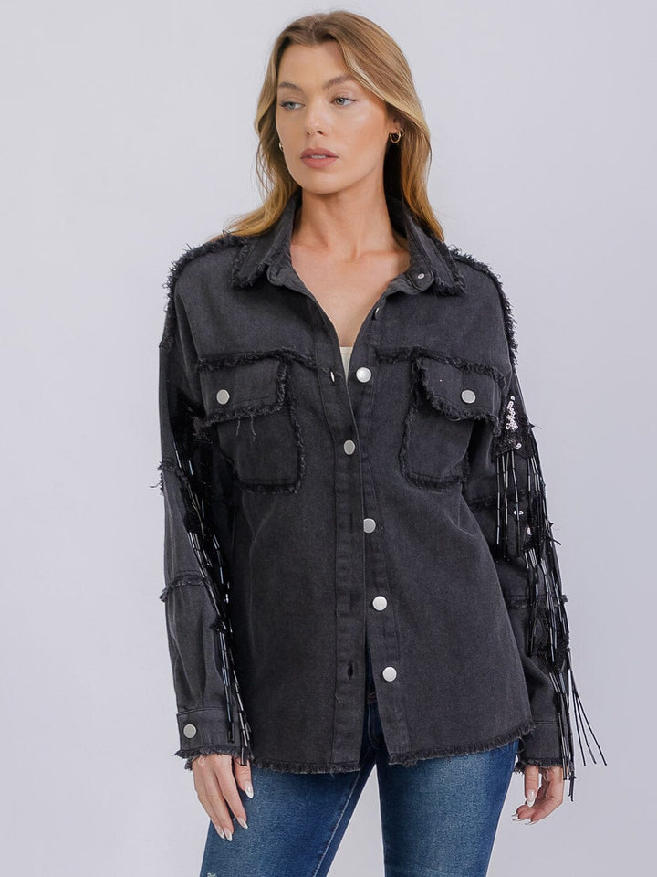 WOMEN'S LONG SLEEVE BUTTON UP SEQUINS FRINGE DENIM SHACKET