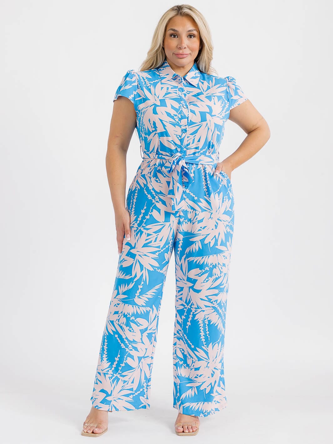 PLUS SIZE SHORT SLEEVE BUTTON UP FRONT POCKETS LEAF PRINT WIDE LEG JUMPSUIT