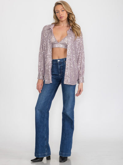 WOMEN'S SLEEVELESS BRALETTE & LONG SLEEVE BUTTON UP SEQUINS BLOUSE 2PC SET