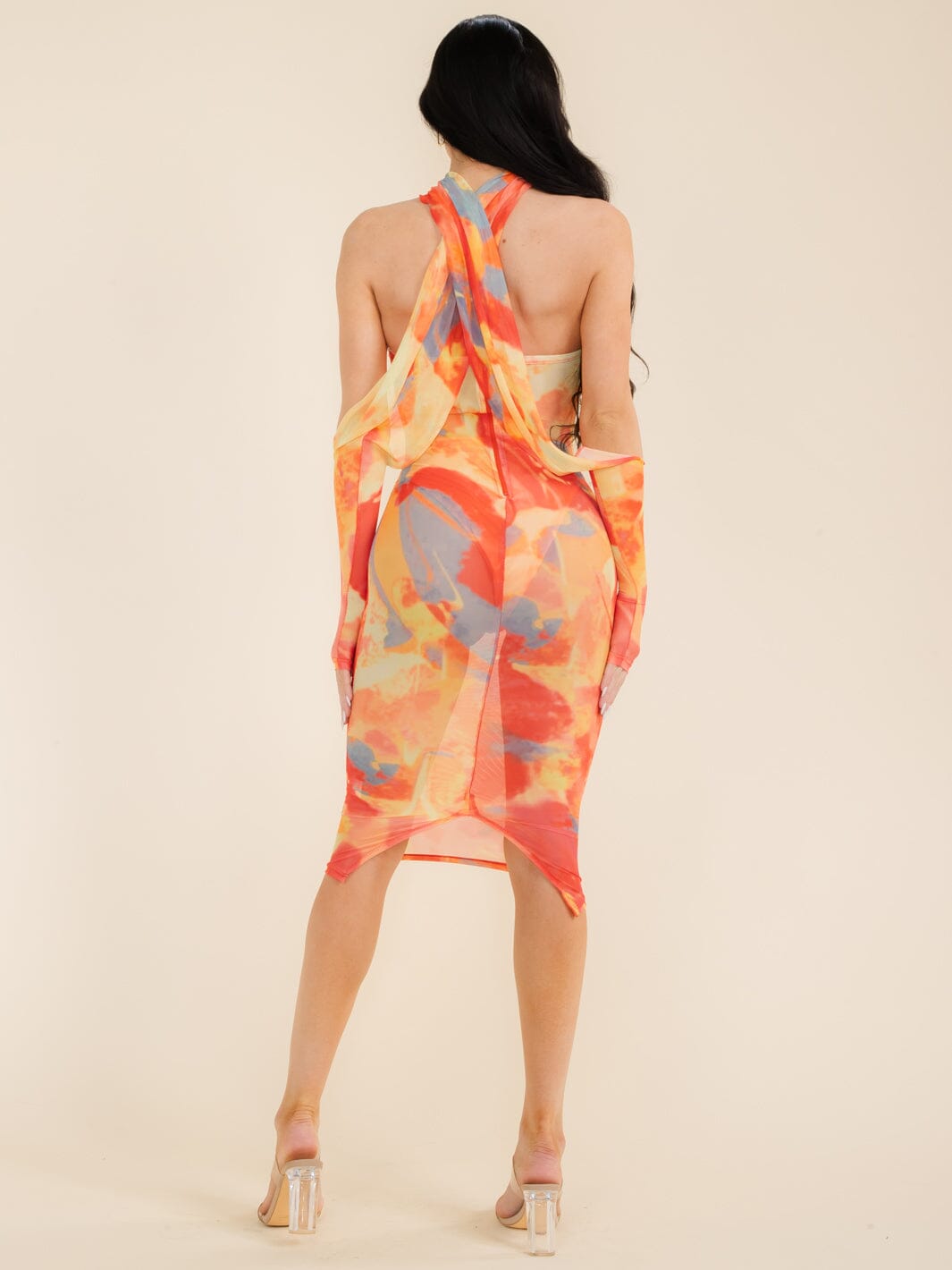 WOMEN'S SLEEVELESS BODYCON MULTI PRINT TUBE MIDI DRESS