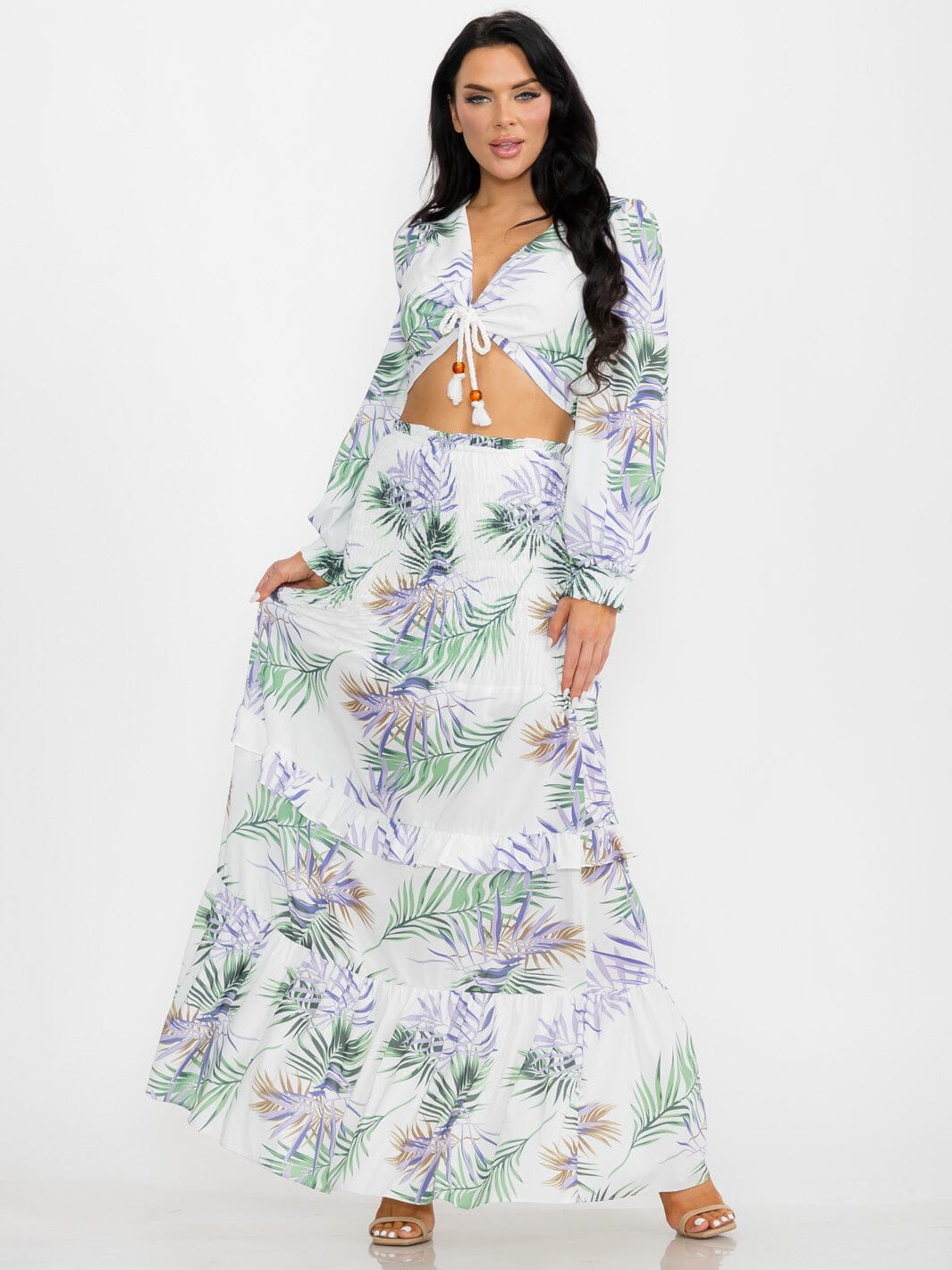 WOMEN'S LONG SLEEVE CROP TOP & SMOCK WAIST MAXI SKIRT LEAF PRINT 2PC. SET