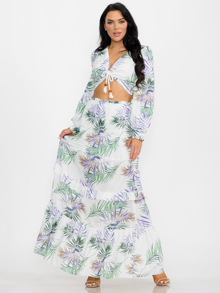 WOMEN'S LONG SLEEVE CROP TOP & SMOCK WAIST MAXI SKIRT LEAF PRINT 2PC. SET