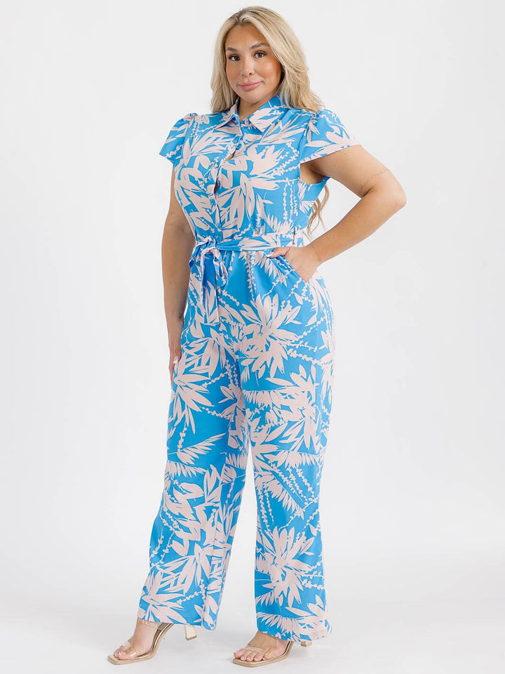 PLUS SIZE SHORT SLEEVE BUTTON UP FRONT POCKETS LEAF PRINT WIDE LEG JUMPSUIT