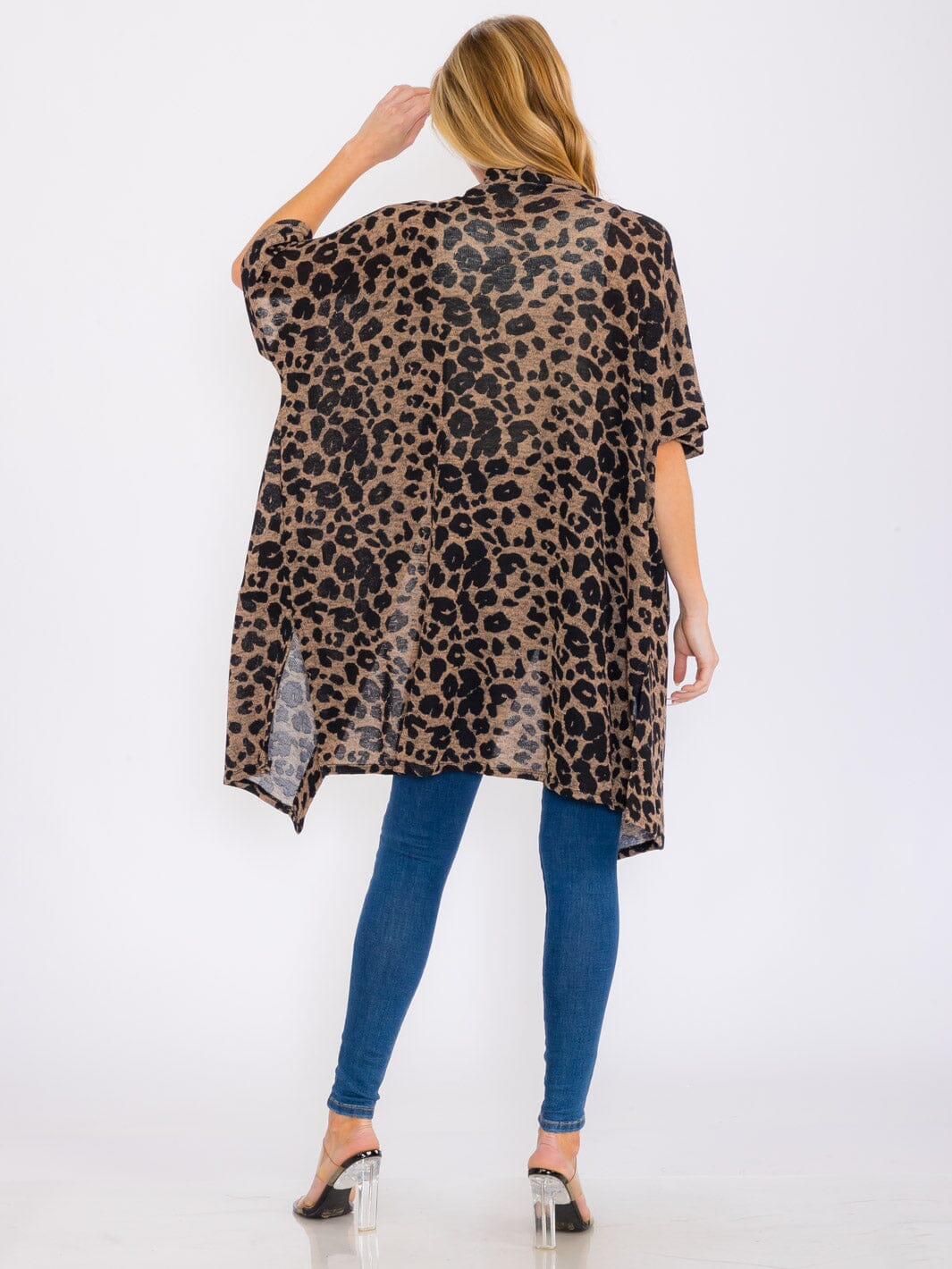 WOMEN'S SHORT SLEEVES OPEN FRONT POCKETS ANIMAL PRINT CARDIGAN