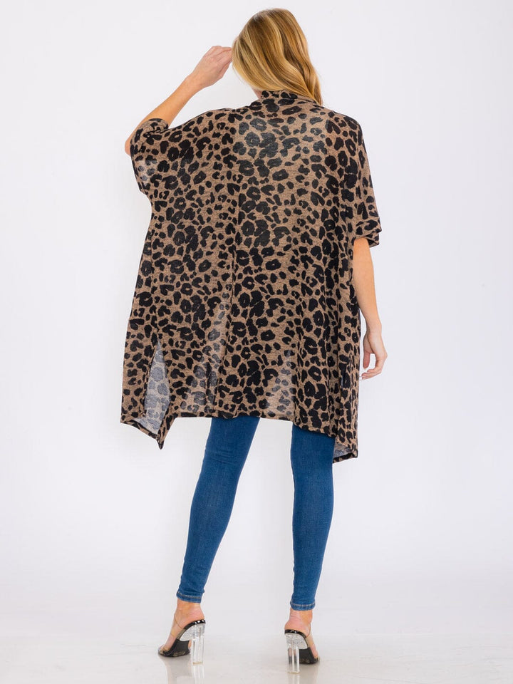 WOMEN'S SHORT SLEEVES OPEN FRONT POCKETS ANIMAL PRINT CARDIGAN