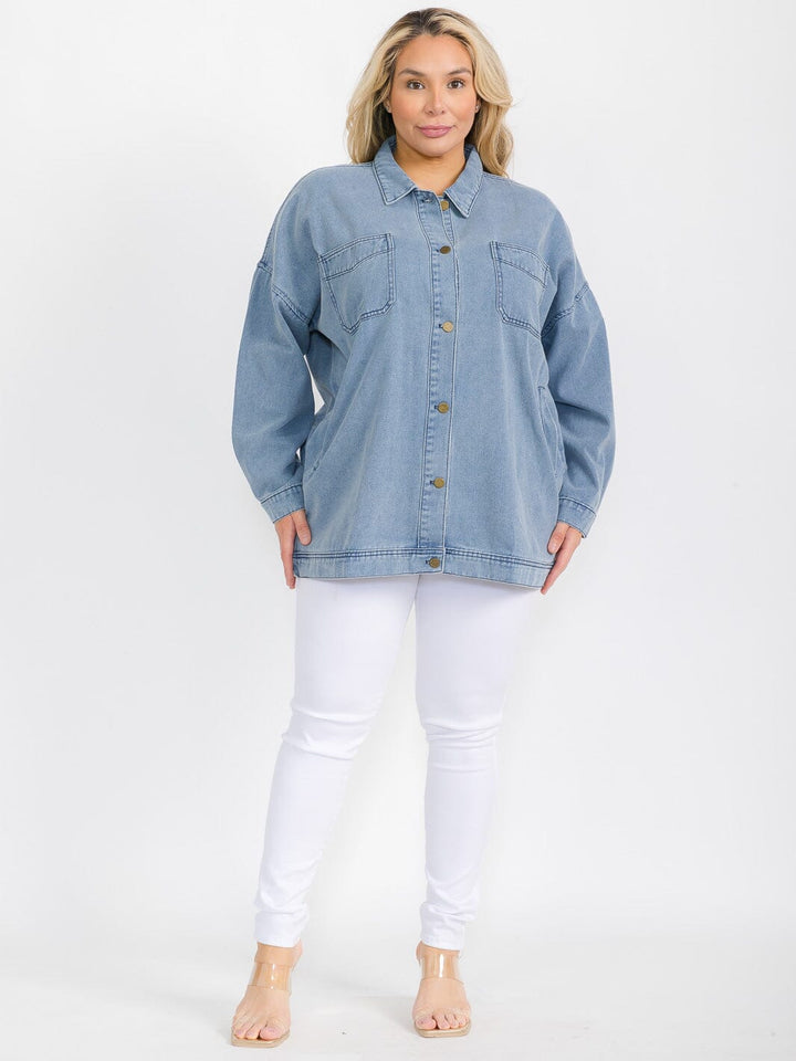 PLUS SIZE LONG SLEEVE BUTTON CLOSURE POCKETS DENIM JACKET