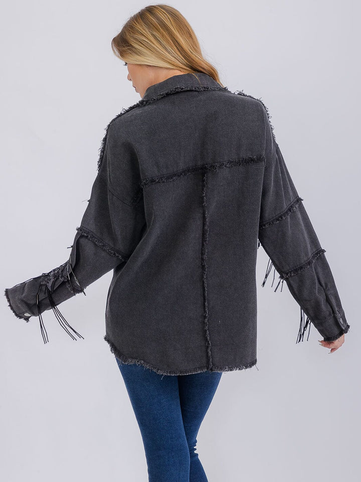 WOMEN'S LONG SLEEVE BUTTON UP SEQUINS FRINGE DENIM SHACKET